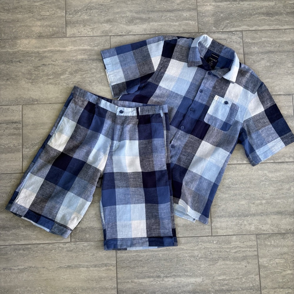 Trust Men Linen Cotton Blend Shirt & Shorts Set Blue Plaid Short Sleeve XL 36